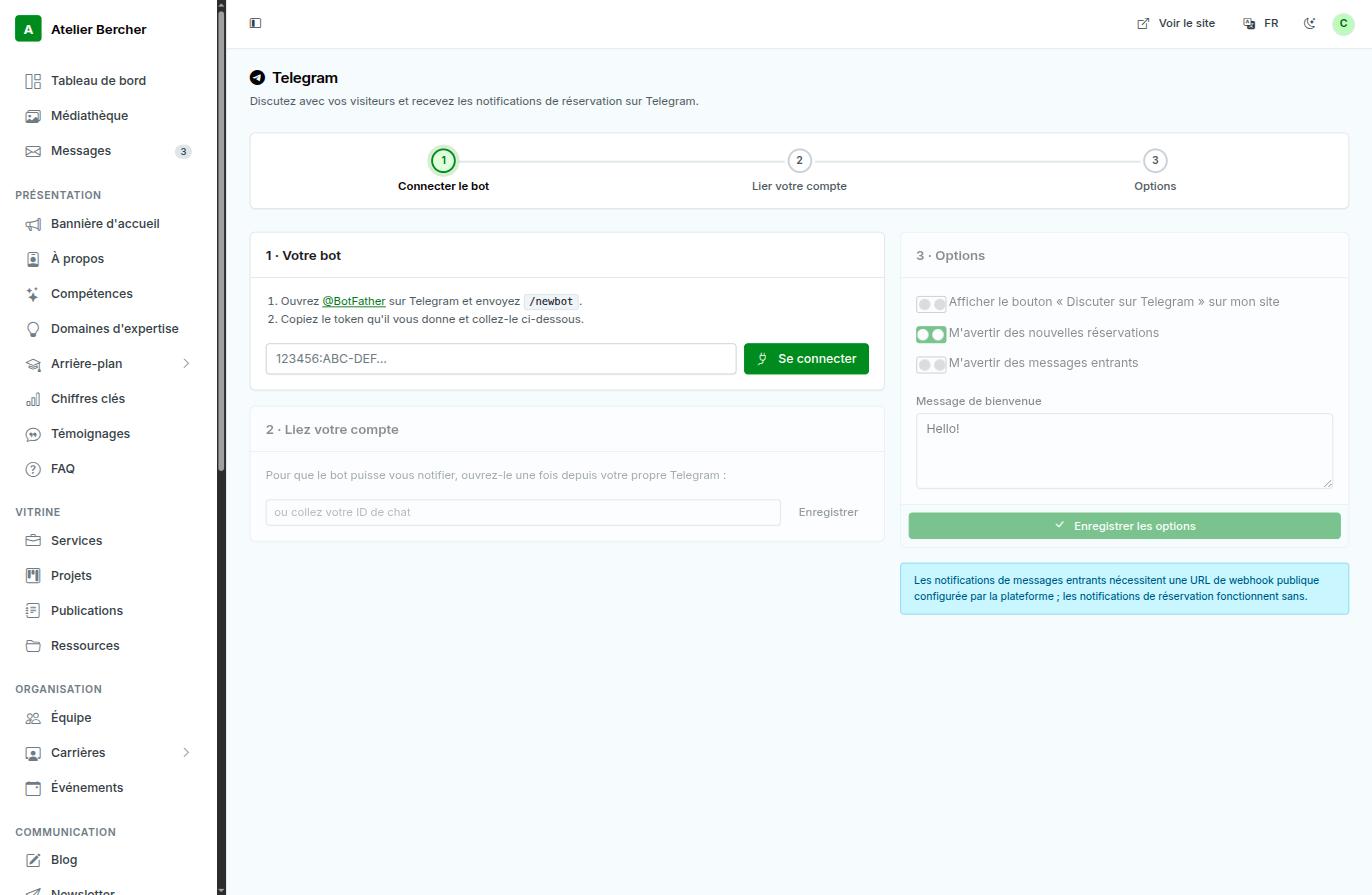 O ecrã do Telegram: três passos — ligar o bot, ligar a sua conta, opções.